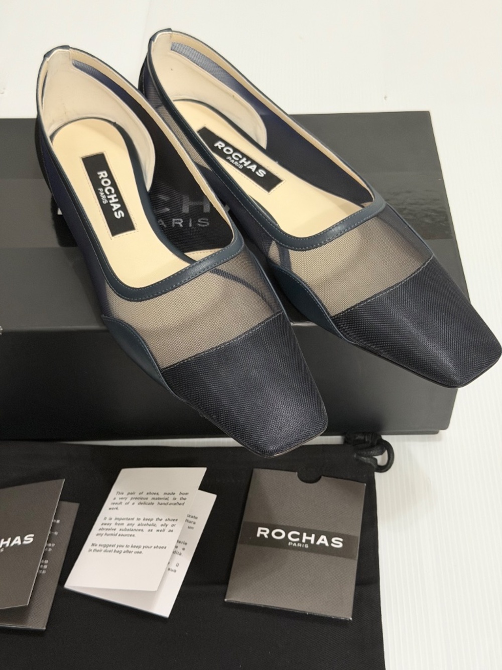 Rochas Paris Sheer Mesh Square Toe Ballet Flats - Navy Blue 37 - Picture 10 of 13